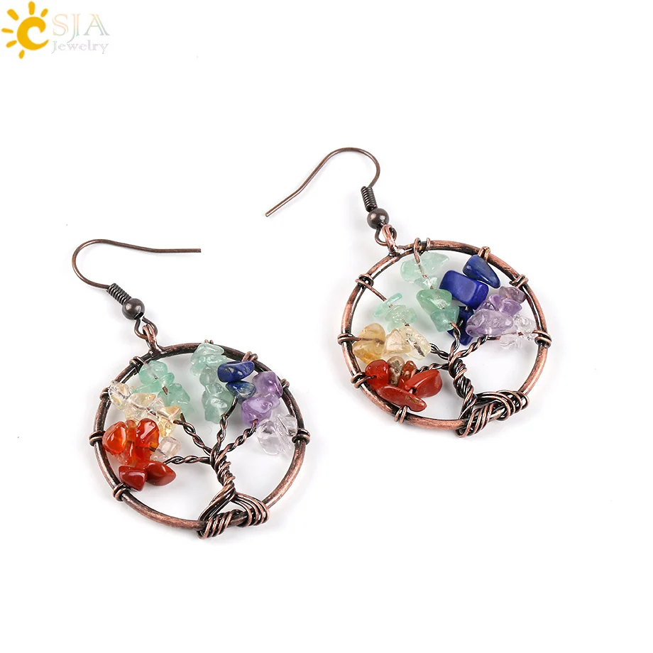 CSJA Wholesale Dangle Earrings for Women Round Tree of Life Ear Drop Natural Chip Stone Bead Reiki 7 Chakra Healing Jewelry E529