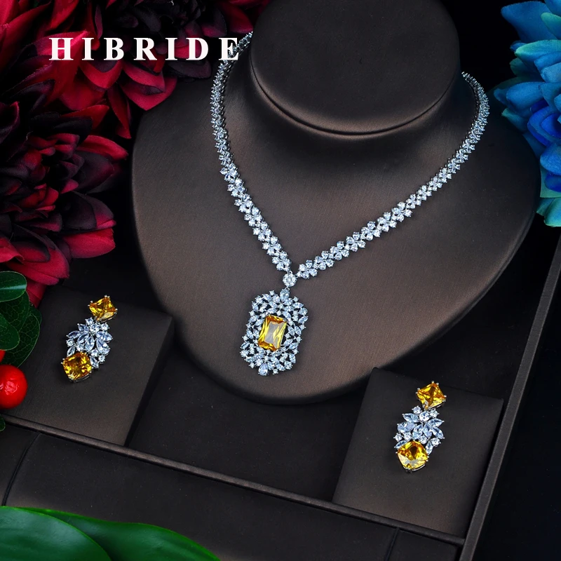 

HIBRIDE Sparkling Yellow Stone Cubic Zircon Jewelry Sets Long Pendanties Drop Earring Necklace Set Dress Accessories N-639