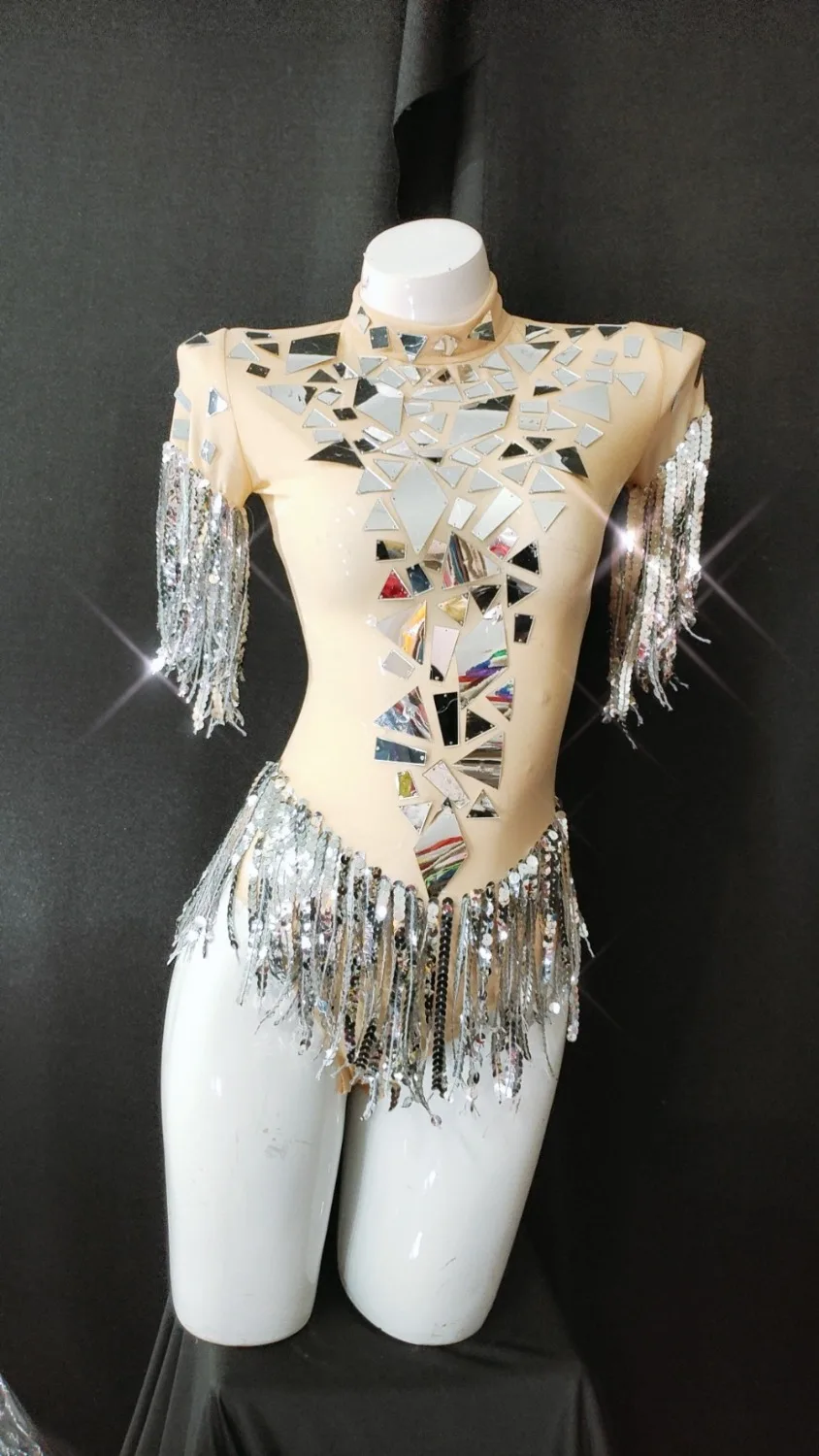 Costume de danse pour femmes, justaucorps à franges, Sexy, couleur chair, à la mode, pour spectacle de fête, discothèque, Bar, chanteur de scène