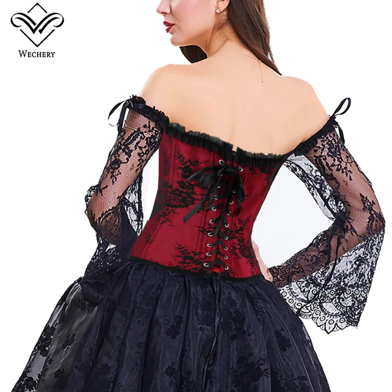 Feminino corpete steampunk corset sexy manga longa corpete vermelho rendas acima bustier festa clube casamento topos tamanho grande S-6XL