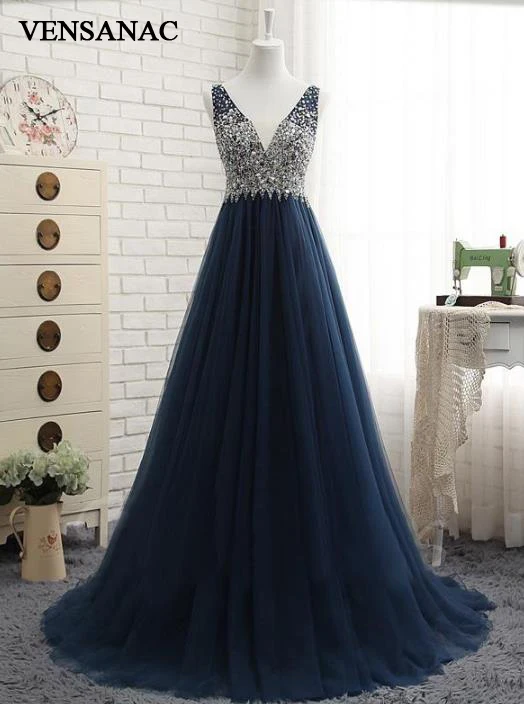 

VENSANAC New A Line Crystals V Neck Long Evening Dresses Elegant Sleeveless Draped Sweep Train Backless Party Prom Gowns