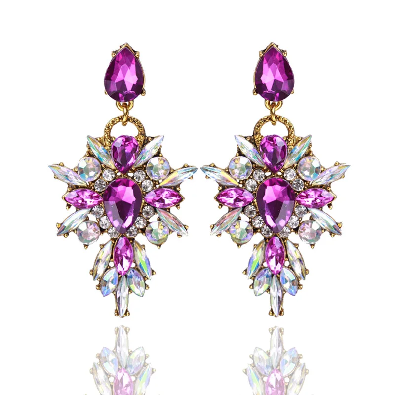 Luxury Starburst Pendant 7 Color Gem Crystal Drop Earrings Big Flower Statement Woman Girls Earrings Brand Jewelry Gift
