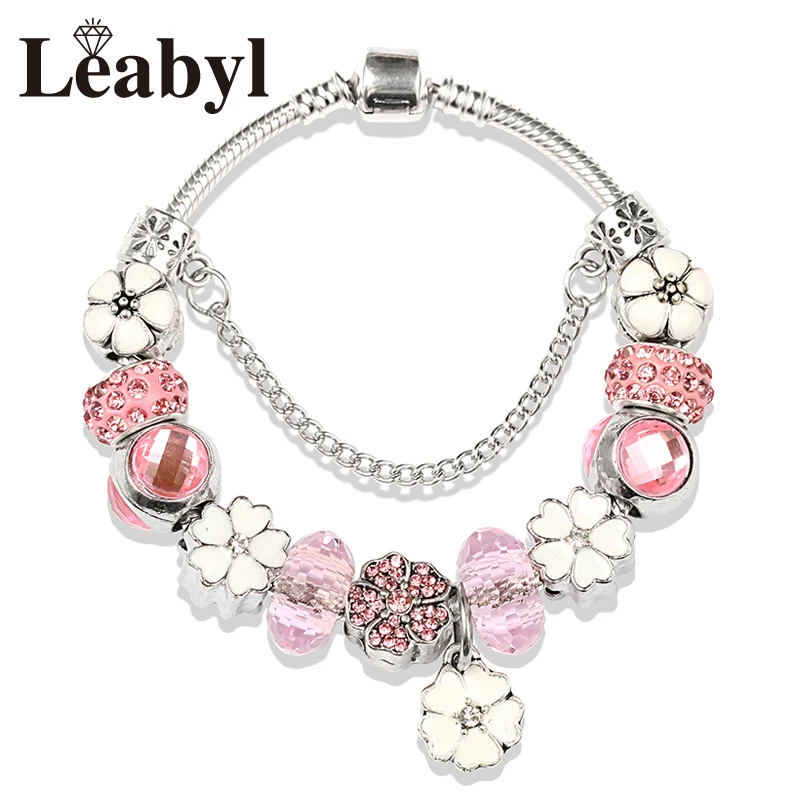 Euroean & American Trendy White & Pink Enamel Charm Bracelet Diy Crystal Bead Bracelet Women Fashion Birthday Gift