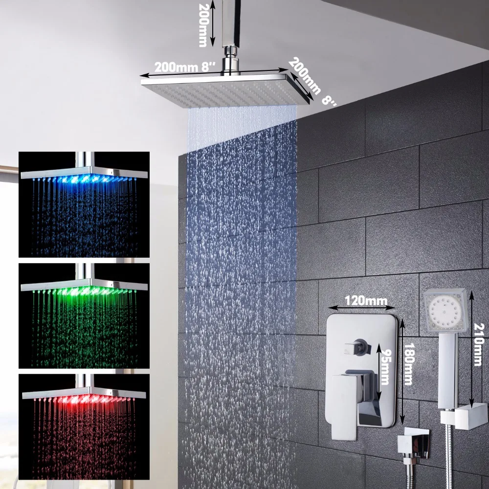 Torayvino LED wall ceiling mounted 8 10 12 16 inch shower head set with control valve hand sprayer chrome polished bathroom Kit