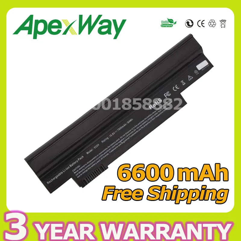 Apexway Black 6600mAh 11.1v for Acer Aspire One NAV50 532 532H AO532h 532G AO532G 533 UM09G31 UM09G41 UM09G51 UM09H31 UM09H36