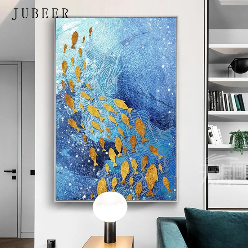 Nordic Style Blue Oil Painting Gold Foil Fish Sea Abstract Decorative Painting for Living Room Poster and Prints Home Decor