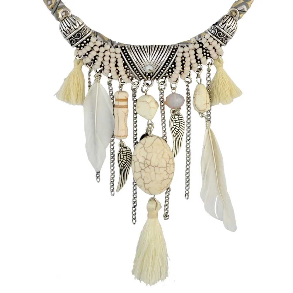 Tribal Bohemian Ethnic Feather Resin Beads Cotton Thread Tassel Pendant Bib Statement Necklace Women Gypsy Jewelry joyeria