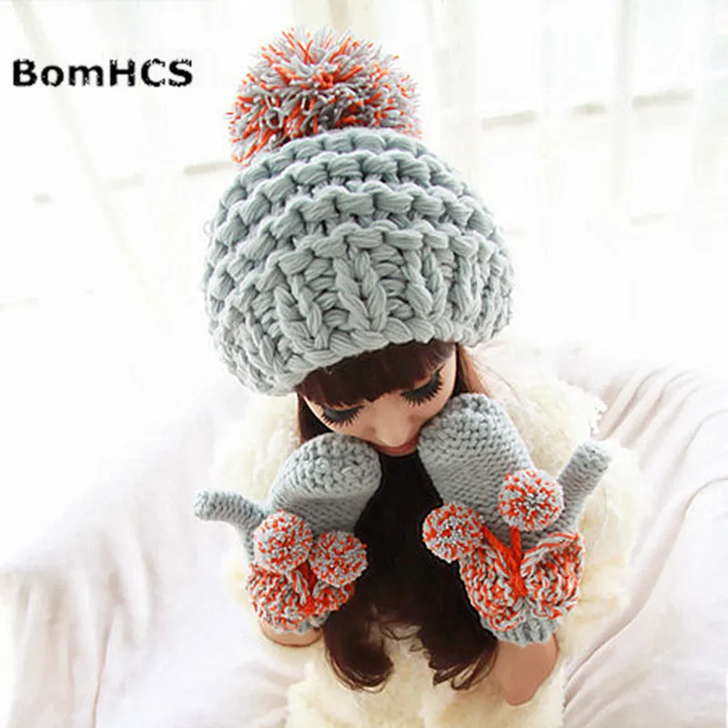 BomHCS Lovely Women\'s Beanie & Gloves Winter Warm Knit Handmade Hat Caps with Soft Poms