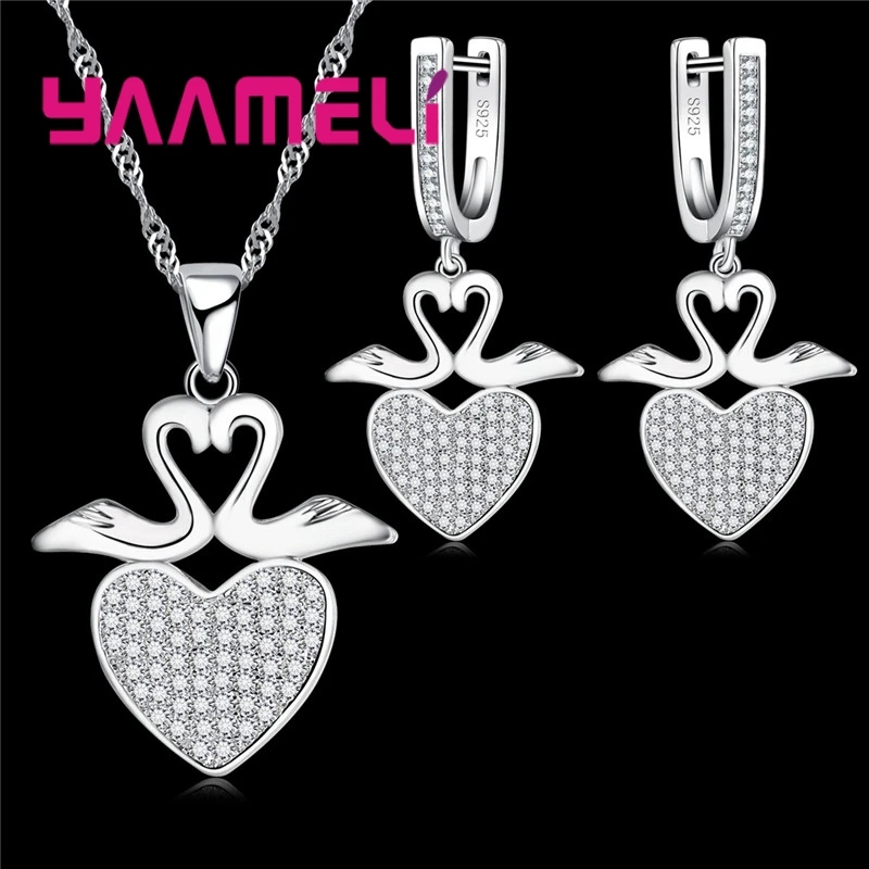 925 Sterling Silver Fashion Jewelry Set Crystal Herat Necklace & Earrings Valentine's Day Gift For Woman Surprise