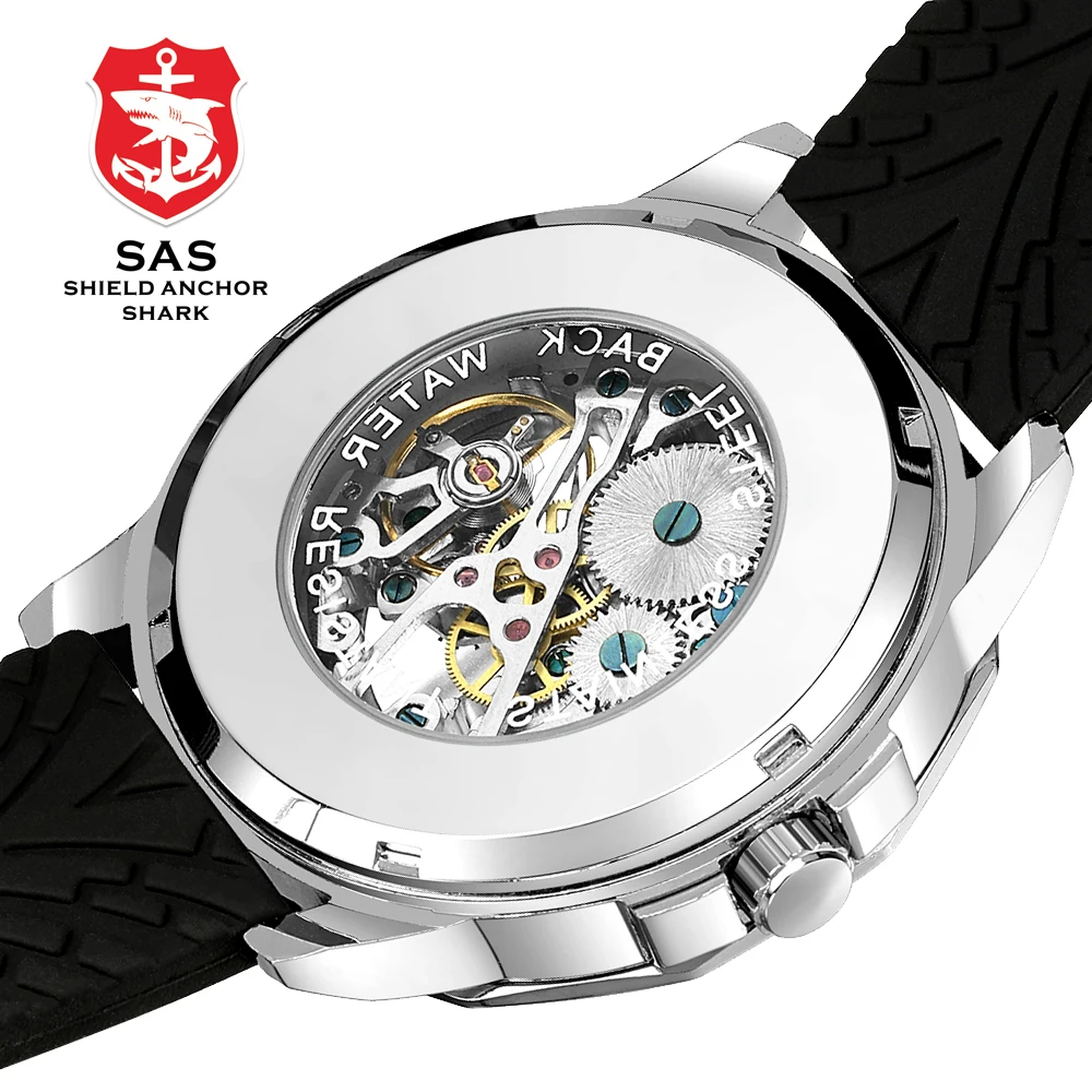 Shark Sports Watch Men Fashion 3D Skull Design SAS Shield Anchor Vintage Mechanical Watches Silicone Strap Skeleton Wirstwatch