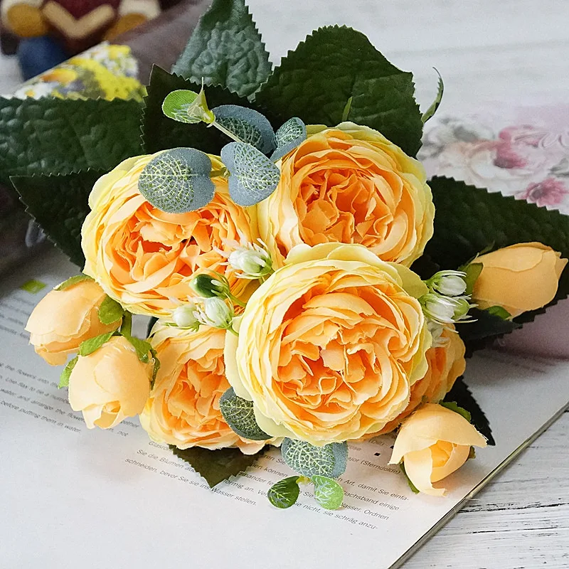 YO CHO 5 Heads Roses Artificial Flowers White Peonies Pink Silk Flowers Fake Roses Peony Bouquet Wedding Decor for Home Flowers
