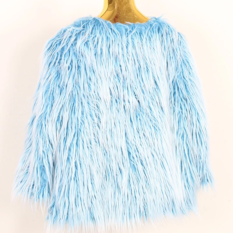 Nerazzurri Winter Long-Haired Shaggy Thick Warm Faux Fur Coat V Neck Y2K Blue Short Fluffy Jackets for Women 2022 Korean Fashion