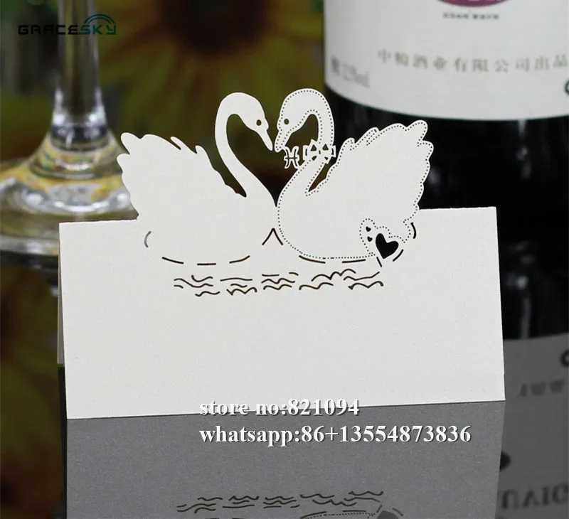 50pcs free shipping Laser Cut Beautiful Swans design Wedding Seat table invitation cards for party home table decoration