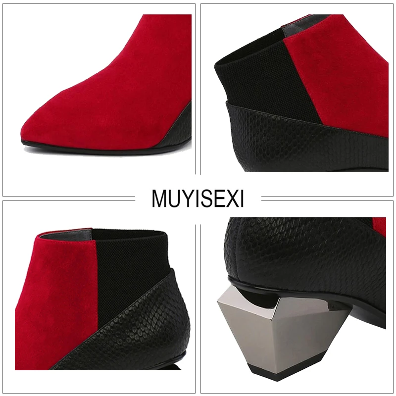 Chelsea Boots Black Red Autumn Boots For Women Genuine Leather Pointed Toe Mixed Color Chunky Heel Ankle Boots HL122 MUYISEXI