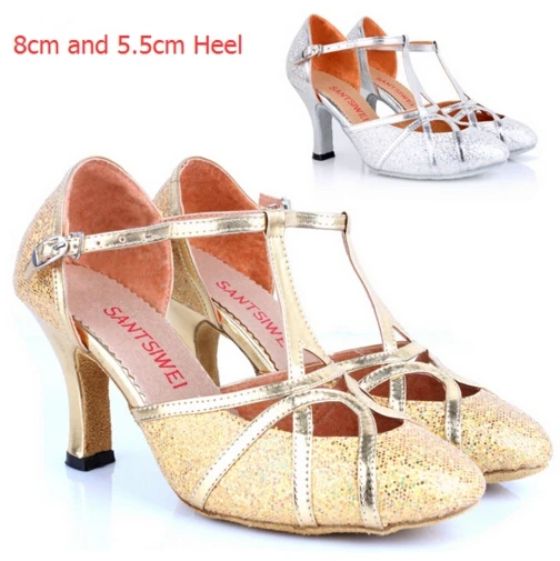 

Professional Silver Gold Glitter 8cm High Heel Ballroom Latin Salsa Dance Shoes / Closed Toe Ladies Girls Women Salsa Shoes