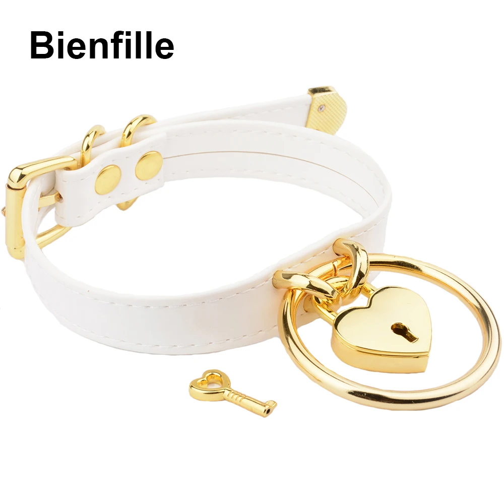 

Designed Sexy Unique Choker Gold Metal Padlock Heart Lock Hanging O Round Sub Fetish Collar BDSM White PU Leather Collars