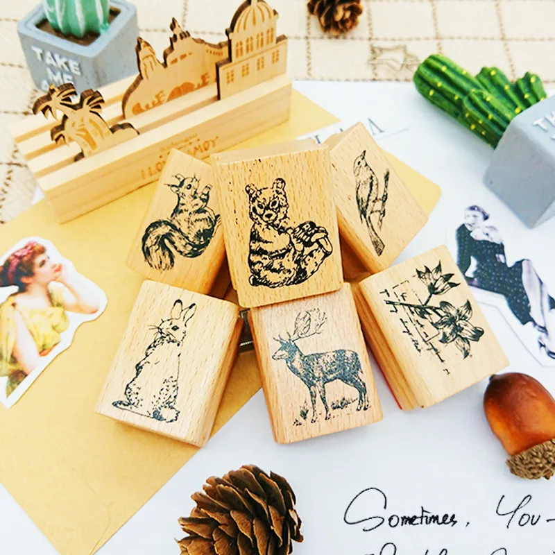 Cute Forest animals Vintage Stamp Diy Wooden Rubber Stamps Seal For Scrapbooking Student Prize Promotional Gift Stationery