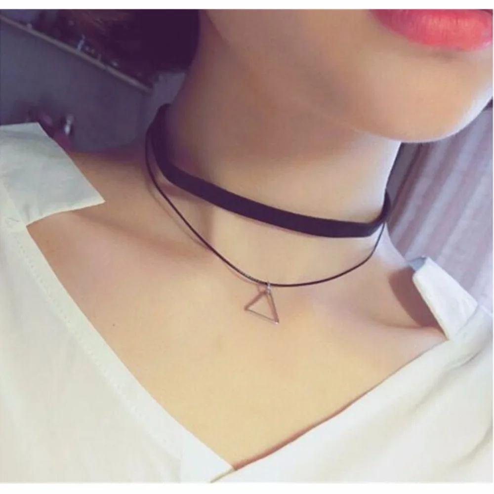 NK757 Hot Collares New Bijoux Gothic Punk Geometric Triangle Pendants Leather Choker Necklace For Women Jewelry Collar Collier