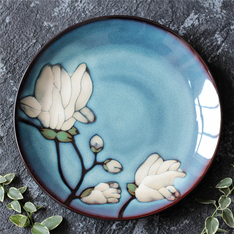 

EECAMAIL Home Practical High-end Hand painted Magnolia Ceramic Tableware Kiln Glazed Square Plate Western Steak Plate Fruit Plat