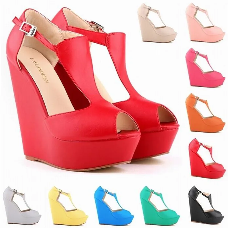 

LOSLANDIFEN zapatos mujer 2023 women sandals PU Buckle Strap 14CM Wedges Peep Toe Party OL Office Woman shoes