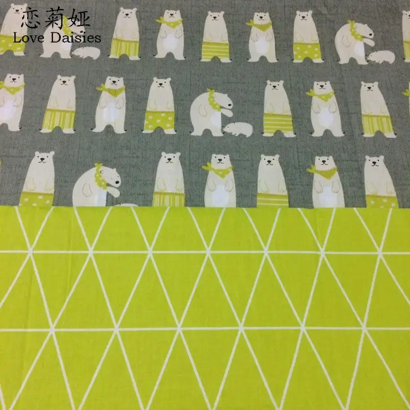 100% Cotton twill cartoon gray bear  yellow-green geometric rhombus for DIY kids bedding sheet cushions handwork fabrics sewing