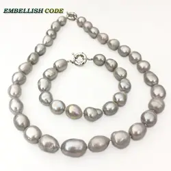 pearls necklace and bracelet set pearl gray grey color semi baroque teardrop irregular shape natural freshwater pearl