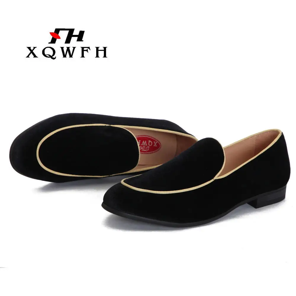 XQWFH Men Black Flock Loafers Noble Moccasins Shoes Men's Solid Casual Shoes Slip On Slippers Driving Flats Wedding Dress Shoes