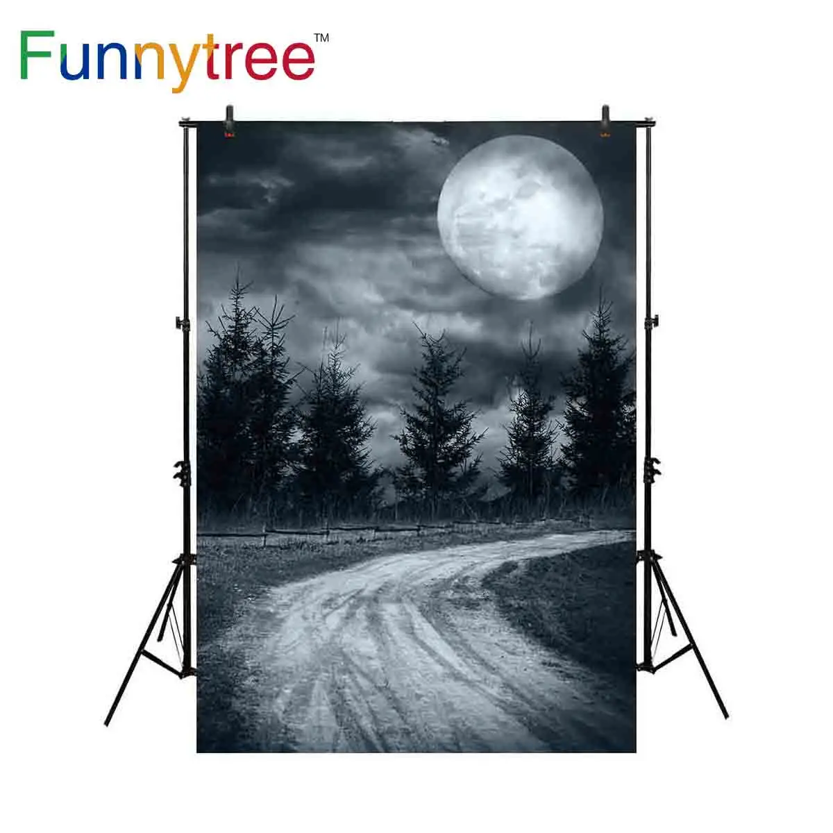 Funnytree backdrop for photographic studio Halloween night view big moon forest path background photobooth photocall printed