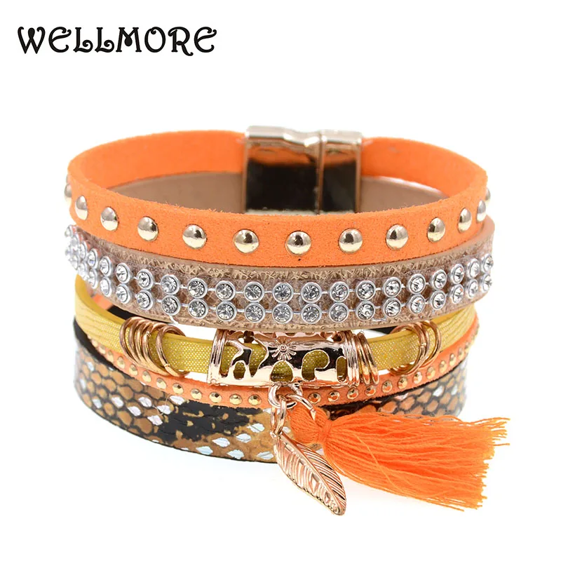 orange leather bracelet tassel leaf charm bracelets magnet buckle Bohemian bracelets&bangles for women jewelry wholesale B1630