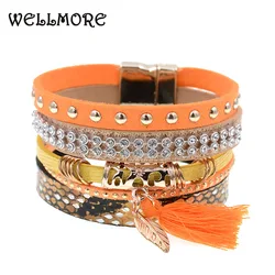 orange leather bracelet tassel leaf charm bracelets magnet buckle Bohemian bracelets&bangles for women jewelry wholesale B1630