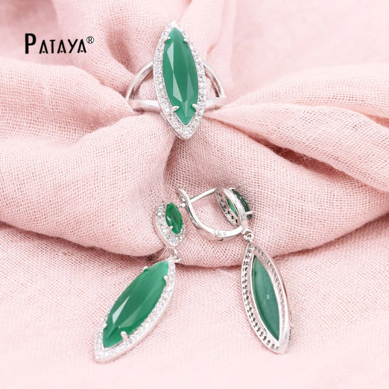 PATAYA Green Jewelry Sets True White Gold Color Natural Zircon Big Earrings Ring Fine Weddings Accessories Bride Jewelry Set