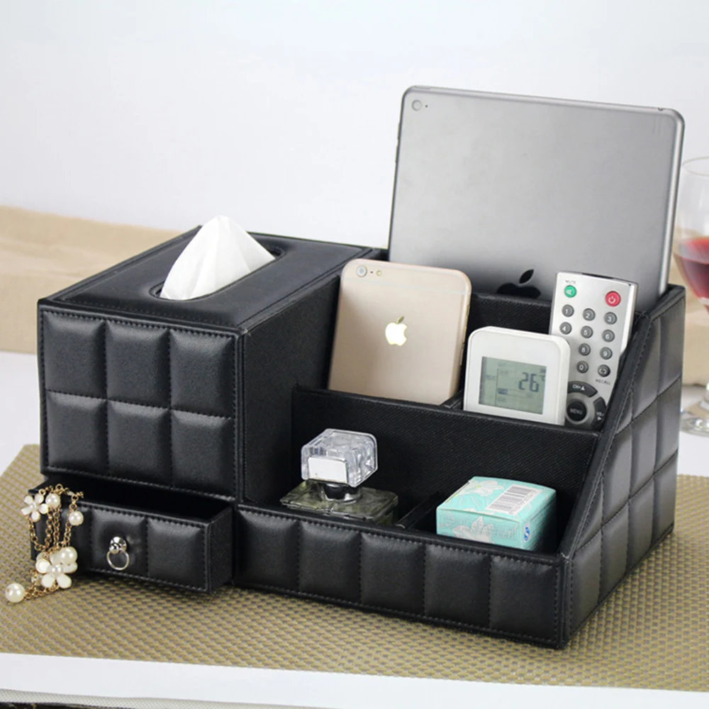 

Multipurpose Desk Organizer Leather PU Vintage Office Desk Storage Box Black Classic Pencil Holder Stationery Collection Boxes