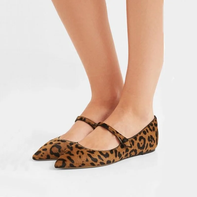 

Shoes Casual Woman Leopard Print Horsehair Woman Brown Flats Sexy Pointed Toe Button Decor Female Mary Janes Shoes Soft