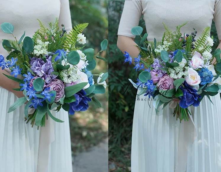 Bouquet de mariage bleu, Bouquet de roses artificielles, Bouquet de mariée Ramo Novia Azul, fait à la main, 2019