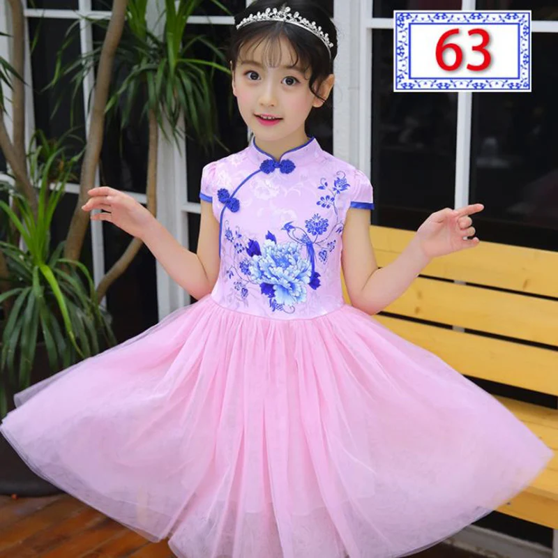 Chinese Style New Summer Girls Kids Embroidered Cheongsam Dress With Short Sleeve Baby Girl Tulle Dress Children Clothes 3-14 ye