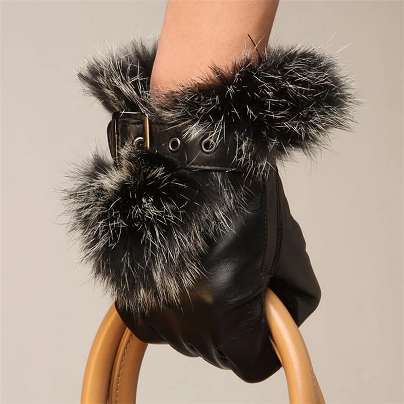 HOT Sale Fashion Women Sheepskin Gloves Wrist Rabbit Hair Genuine Leather Five Finger Elegant Lady Driving Glove L057PN