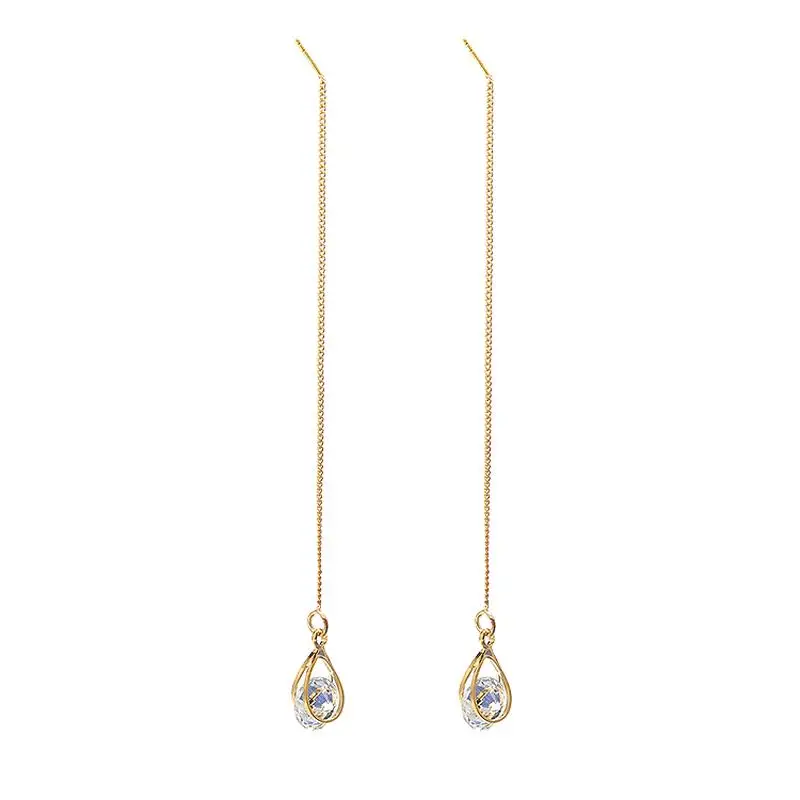 Women's 925 Silver Fashion Earrings White Round Drops CZ Stone Long Girl Pendant 18K Gold Plated Jewelry Gift