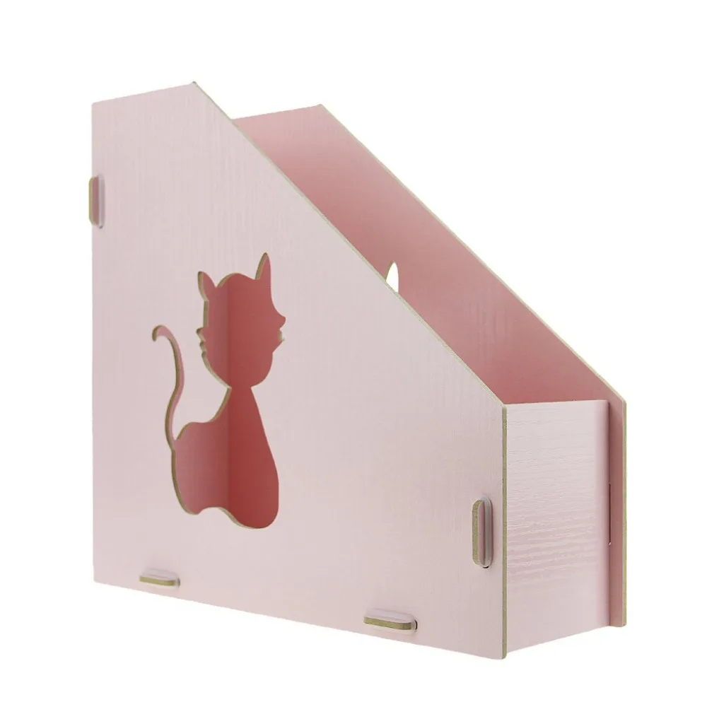 Georgie Cute Cat Hollow Out DIY Wooden Magazine Holder Desktop Books Organizer Office File Collector (Pink)