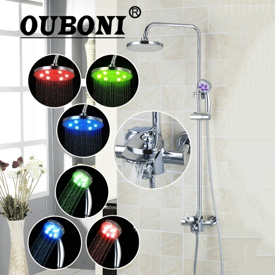 OUBONI NEW LED Bathroom Faucet set Bath Rainfall Shower Head W/ Control Valv Hand Spout Modern Shower Set Faucets