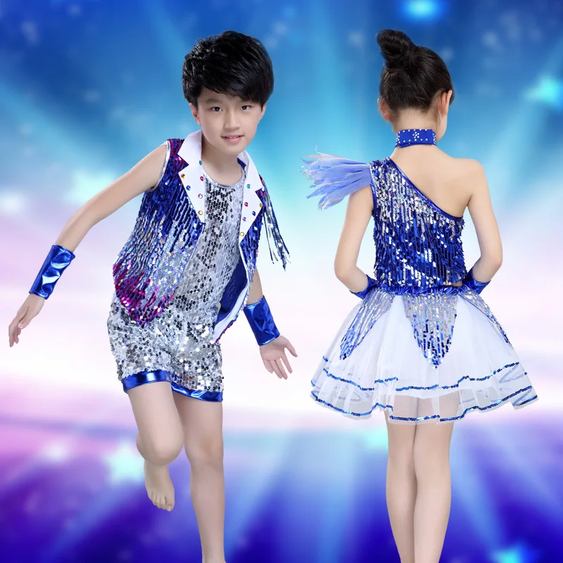 New Boy girl Blue Yellow paillettes Jazz dance stage costume vestiti hiphop sexy modern dancewear ballrrom dress gonna suit tutu