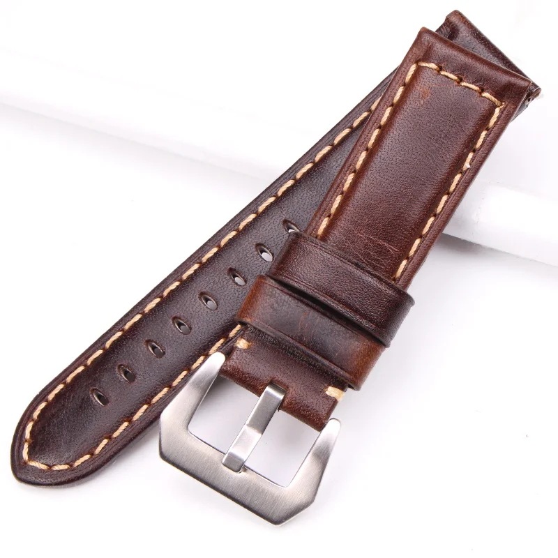Retro Genuine Leather Watchbands Men 22mm 24mm Watch Band Strap Stainless Steel Brushed Buckle Accessories