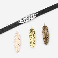 5pcs Antique Bronze/Silver Color Feather Slider Charm Fit 10*2mm Flat Leather Cord Clasps Bracelet Jewelry Findings Making