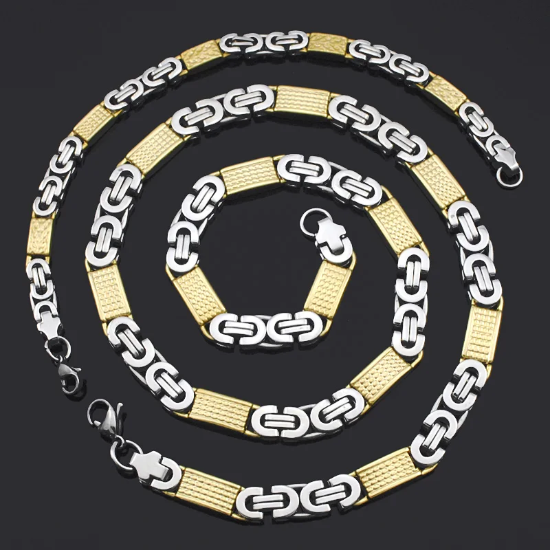 ATGO Men Womens 8mm Stainless Steel Jewelry Sets Byzantine Necklace Bracelets Set High Quality Party Gifts BJS002