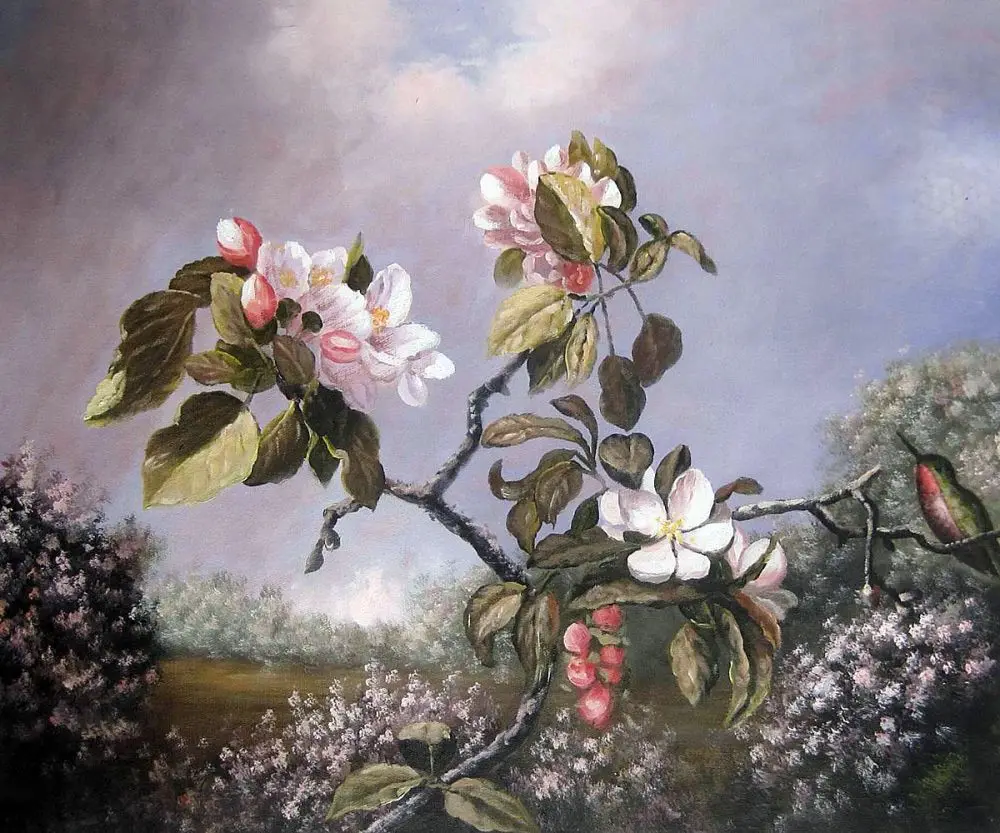 

Office Decoration Art Painting Martin Johnson Heade of Apple Blossoms and Hummingbird Still Life Oil on Canvas