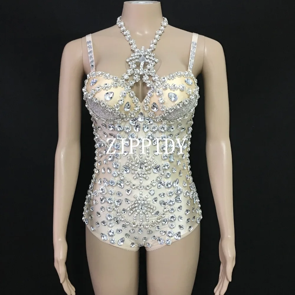 Shining Crystal Stage Wear Leotard Costume Prom Skin Perspective Rhinestones Bodysuit Female Singer Performance Outfit