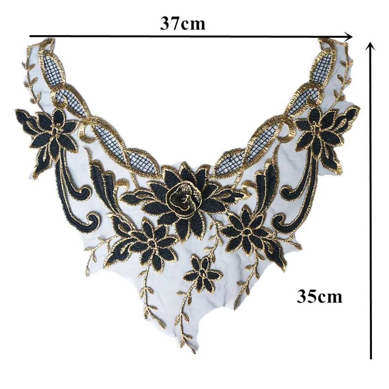 35CM Black Gold Embroidered Flowers Collar Vintage Lace Trims Appliques Mesh Sew On Patch For Wedding Evening Dress DIY