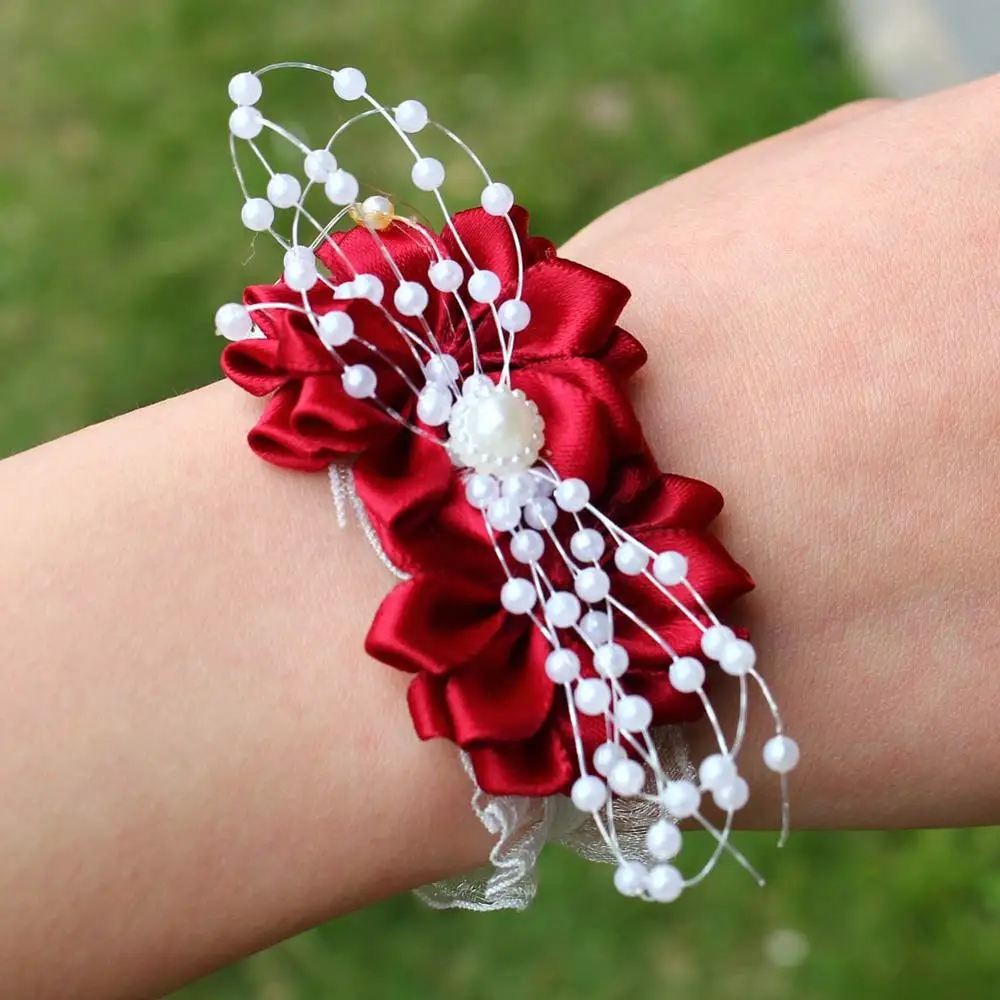 Wifelai-Een Pols Corsages Bruiloft Bruid Lint Bloemen Kralen Armband Wijnrood Bruidsmeisje Zijden Lint Pols Corsag Huwelijk SW0679