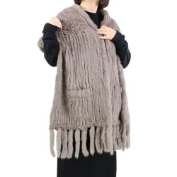 Harppihop*Luxury Women's Genuine Real Knitted rabbit Fur Scarves with Tassels Lady Pashmina Wraps Autumn Winter Women Fur Shawls