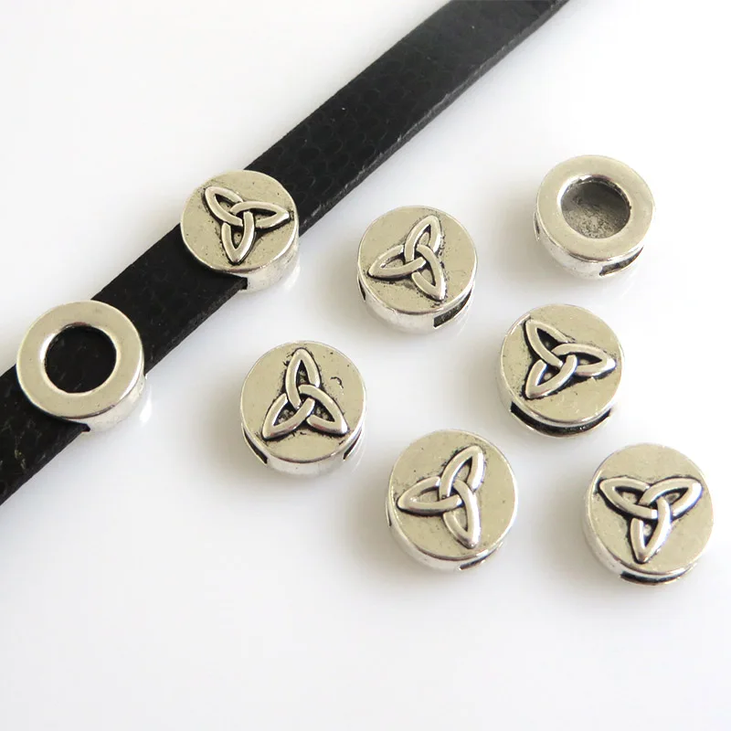 10Pcs Antique Silver Color 10mm Triquetra Trinity Knot Sliders Spacer Beads For 10x2mm Flat Leather Bracelet Jewelry Findings