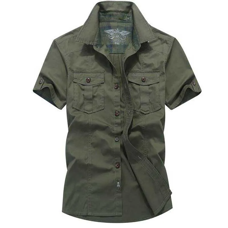 New Fashion Men Shirts for Summer Cotton Military Loose Baggy Army Shirts Short Sleeve Cargo Shirts Big Size Male Clothing